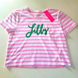 NWT Lilly Pulitzer Keenan Knit Top Pink White Stripe Beaded Lilly Logo Size M